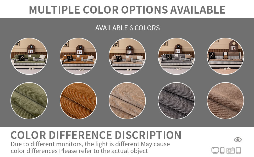Text reads 'MULTIPLE COLOR OPTIONS AVAILABLE' and 'COLOR DIFFERENCE DISCRIPTION'. Display of 5 furniture pieces in circular thumbnails with corresponding fabric swatches below in green, brown, beige, gray and taupe.