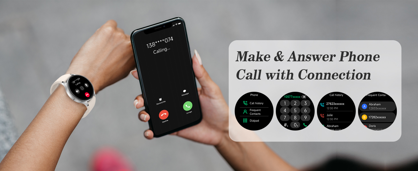 Text reads 'Make & Answer Phone Call with Connection'. Hand wearing smart watch displays incoming call screen interface with four connection icons shown.