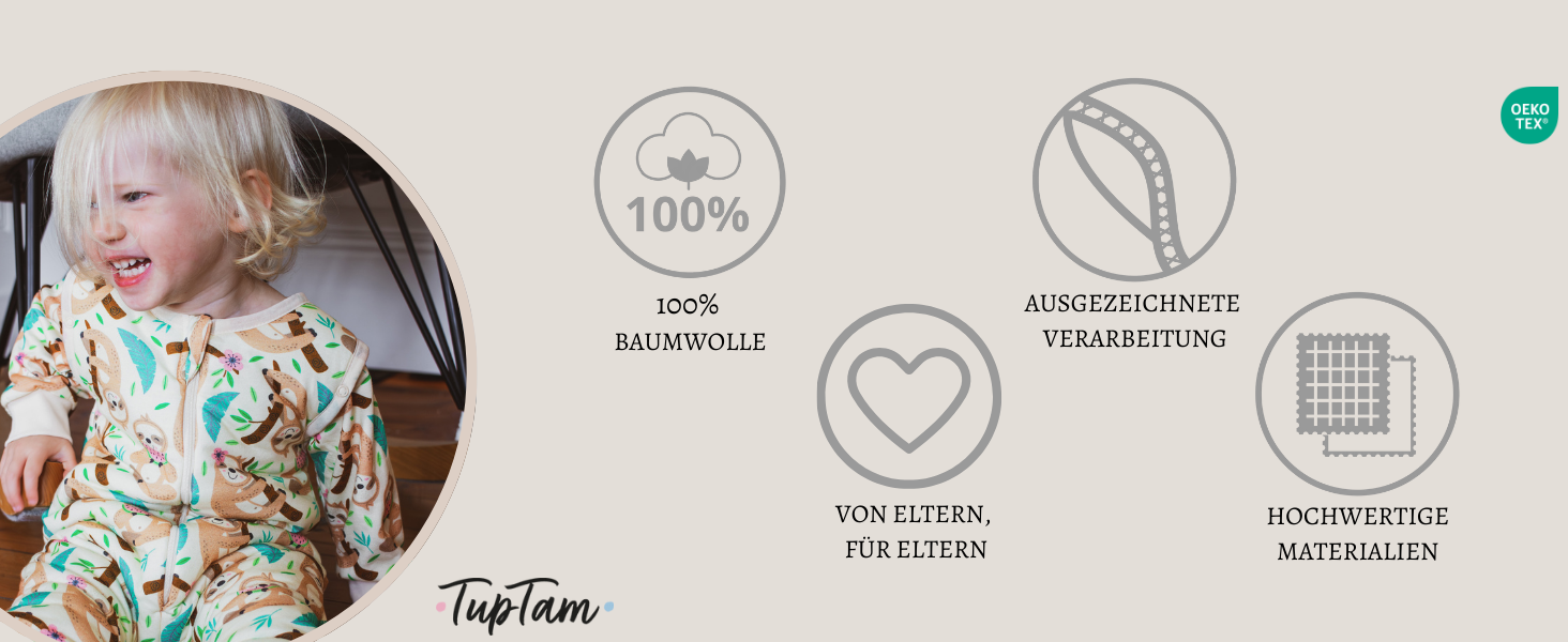 Produktinformationssymbole mit Merkmalen wie 100% waschbaren, hygienischen Materialien und allergenfreien Eigenschaften eines Kinderartikels
