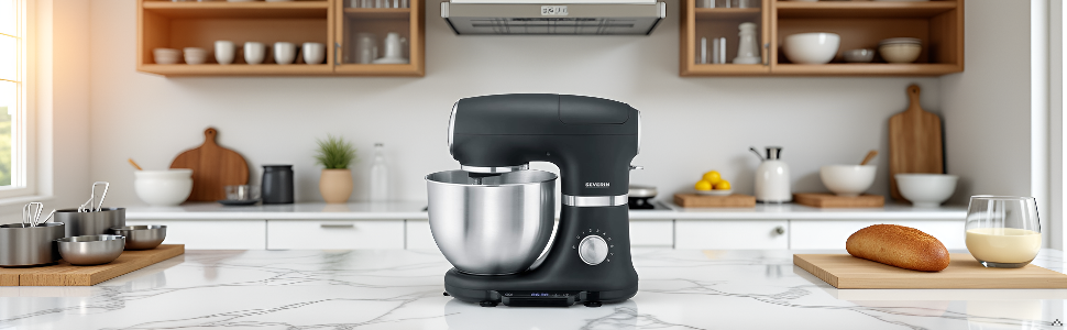 Una cocina moderna y luminosa con encimera de mármol donde se encuentra el producto