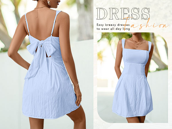 VKIHOC Square Neck Mini Dress Bow Tie Backless Sundress