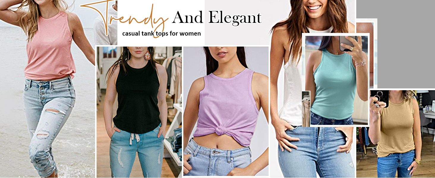 Fisoew Womens' Crewneck Sleeveless Summer Casual Loose Fit Basic Shirts