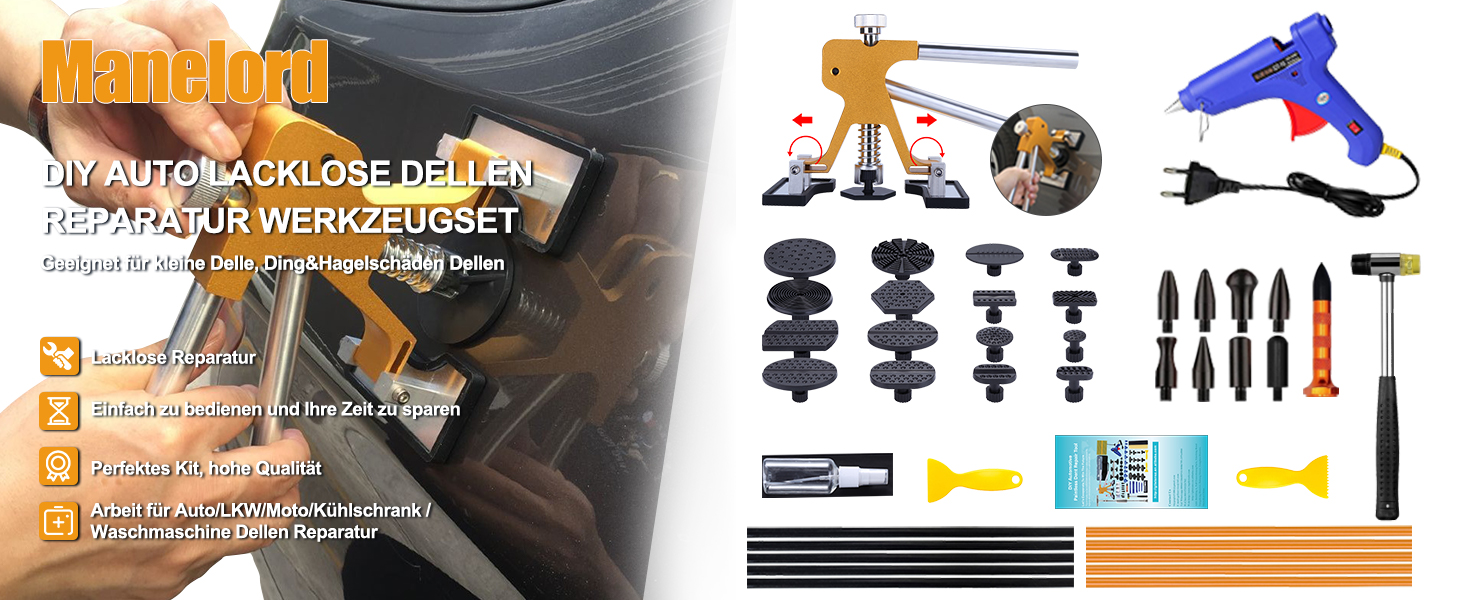 Autóhorpadás-javító készlet különféle szerszámokkal, például ragasztópisztollyal, lehúzóval, hídlehúzóval és gumikalapáccsal karosszériajavításhoz