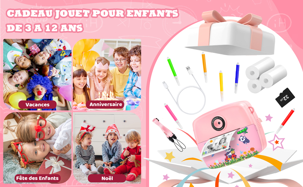 pour les cadeaux pour enfants. À gauche : photos d'enfants pour diverses occasions. À droite : boîte-cadeau blanche, appareil photo rose et fournitures artistiques. Texte : « JOUET CADEAU POUR ENFANTS DE 3 À 12 ANS ».