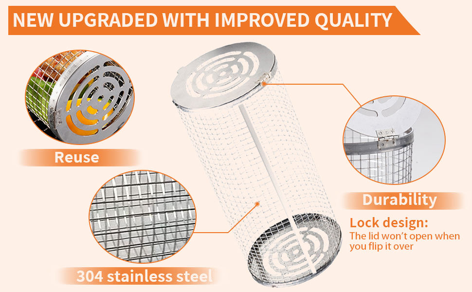 SOOHAO 2PCS Stainless Steel BBQ Grill Baskets, Rolling Vegetable Grilling Baskets for Outdoor