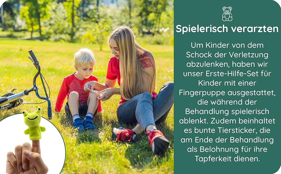 FLEXEO Erste Hilfe Set Kinder, Reiseapotheke Kinder gefüllt mit 47  Inhaltsteilen, Schere, Erste Hilfe Tasche Baby für unterwegs, Notfallset  mit Fingerpuppe und Tapferkeitsstickern : : Drogerie & Körperpflege