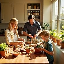 Whole family is engaging in eco household tasks together-DIY cosmetics, plants and pantry