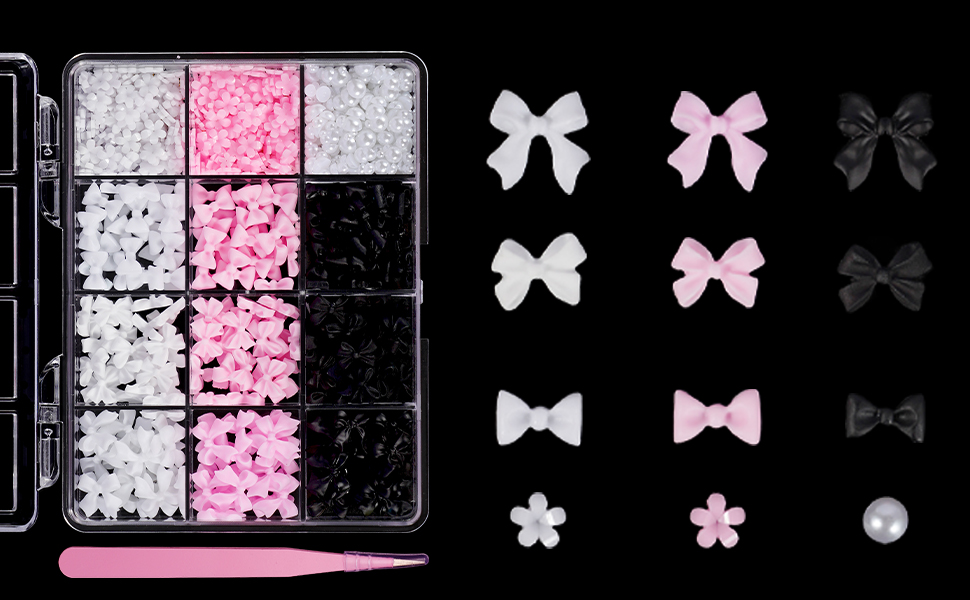 Pink White Black Bow Nail Charms