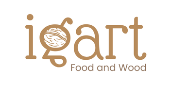 pour « Igart Food and Wood » avec un texte stylisé avec une illustration de noix ou de noix intégrée à la lettre « g