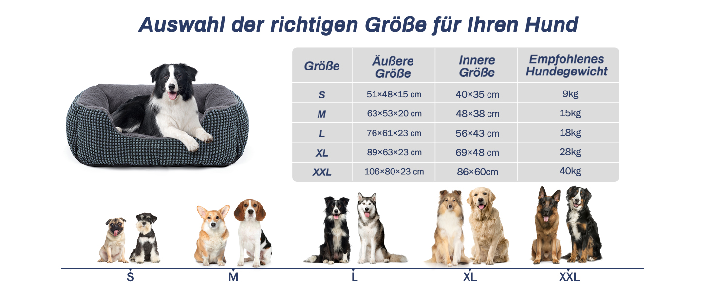 Größentabelle für Hundebetten, die verschiedene Rassen und die entsprechenden Bettgrößen zeigt. In einer Tabelle werden Abmessungen und Gewichtsempfehlungen für jede Größe angezeigt.