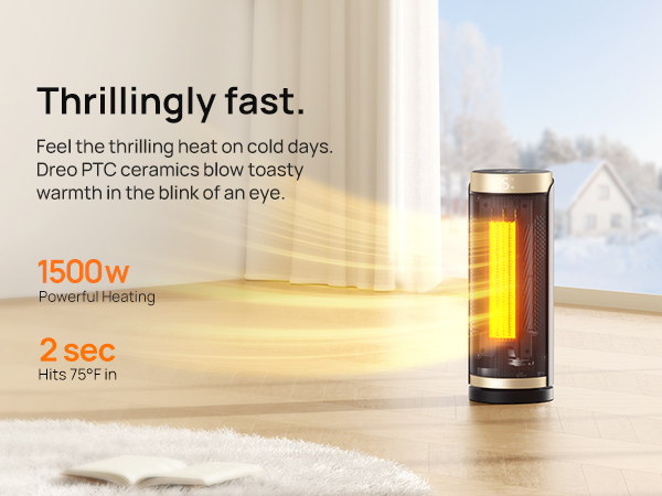 Cylindrical space heater with orange glow, featuring 1500W power and 2-second heat-up time. Text highlights fast heating and PTC ceramic technology for quick warmth.