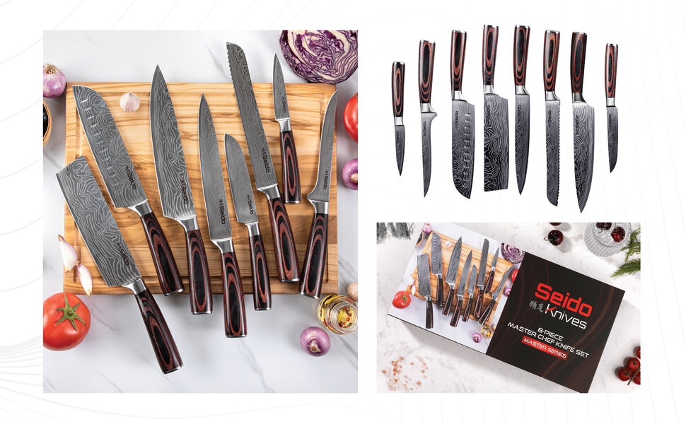 Seido chef knife set featuring eight knives with Damascus steel blades and dark wood handles