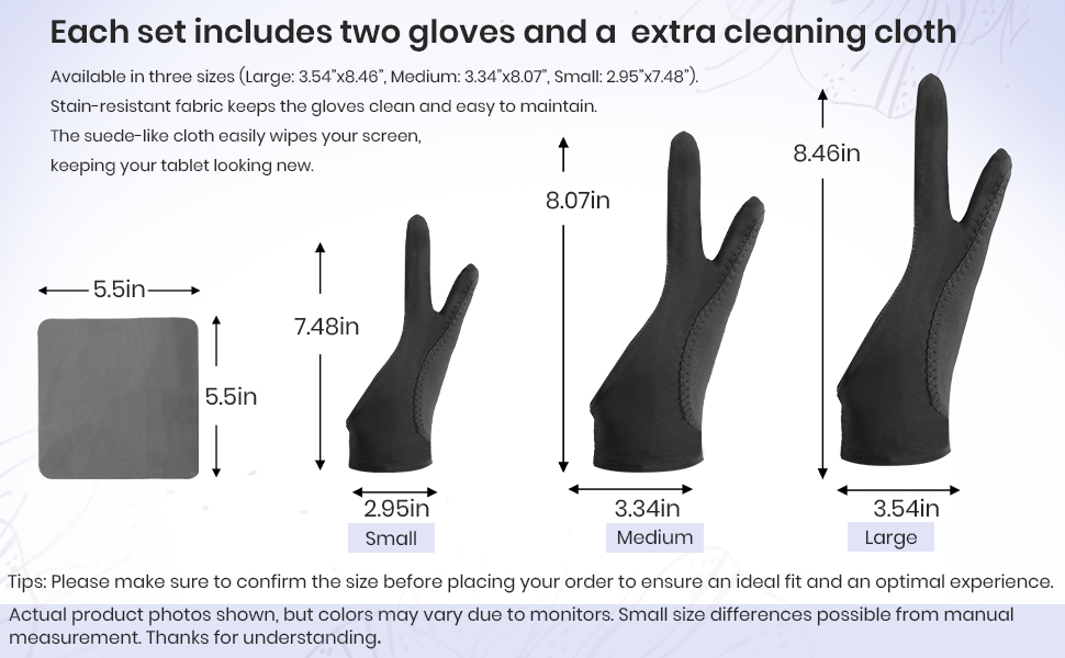 three sizes (L: 3.54’’x8.46’’, M: 3.34’’x8.07’’, S: 2.95’’x7.48’’) and an extra cleaning cloth