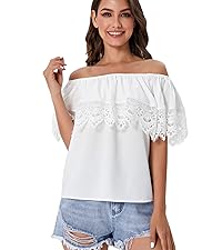 WDIRARA Women's Off The Shoulder Ruffle Trim Short Sleeve