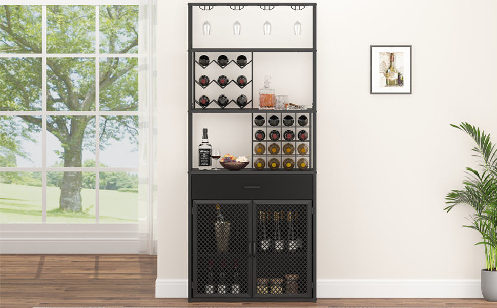 HSH Tall Bar Black Liquor with Drawer, Large Modern Wine