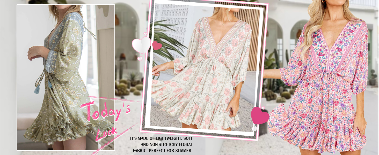 Womens Summer Floral Dress 3/4 Sleeve Deep V Neck Boho Drawstring Backless Swing Mini Dress
