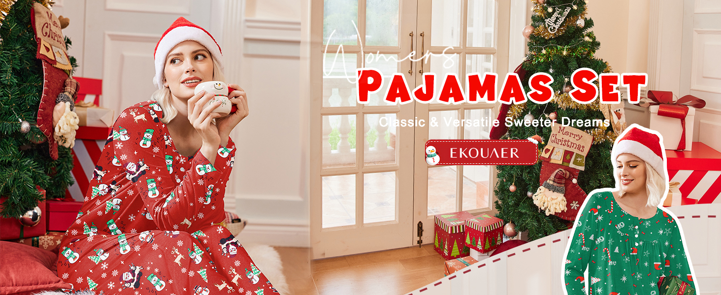 Ekouaer Matching Christmas Pajama Sets Long Sleeve Tops with Long Pants Loungewear Pjs Set