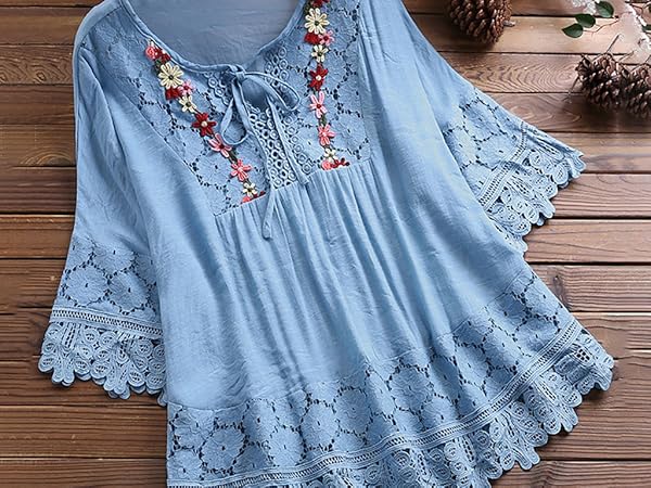 トップス bluelea Embroidery jacquard blouse Plus Size Blouse Women Vintage Lace Patchwork Bow V-Neck