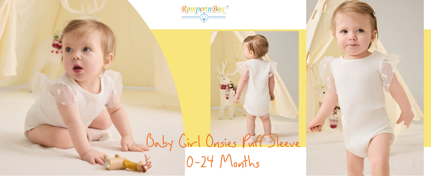 RomperinBox Baby Girl Onsies Polka Dot Mesh Puff Sleeve Rib-Knit