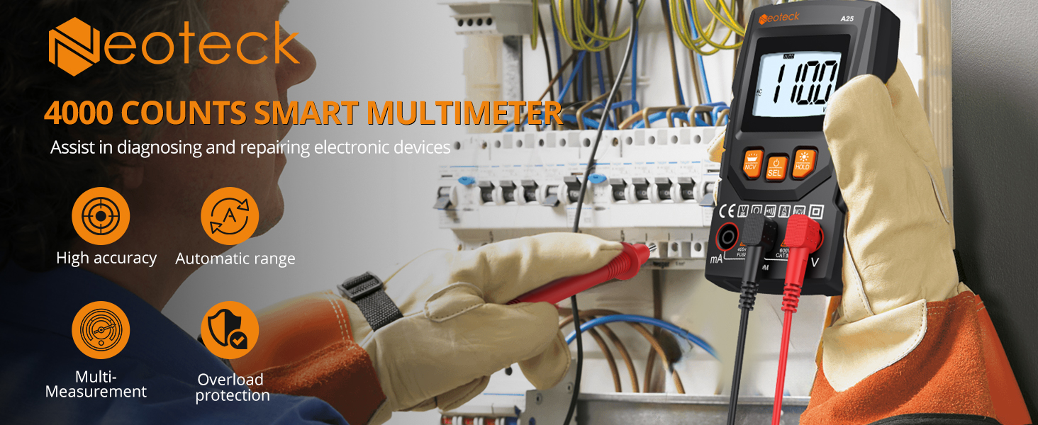 Neoteck 4000 counts smart multimeter device with digital display and various measurement capabilities shown with technical specifications.