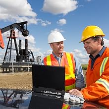 two men in construction connection to wifi and internet outdoors