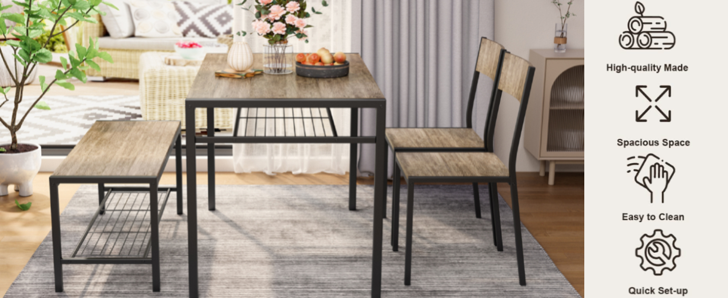 Gizoon Kitchen Table and 2 Chairs for 4 with Bench, 4