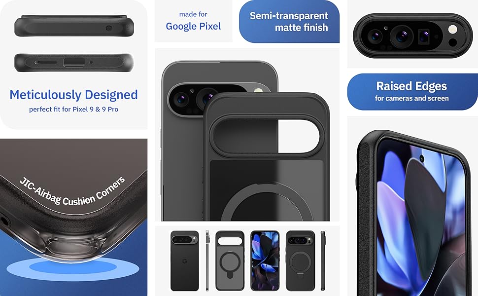JIC MagStand Series for Pixel 9 + 9 Pro Case Black Protective Kickstand Phone Cover