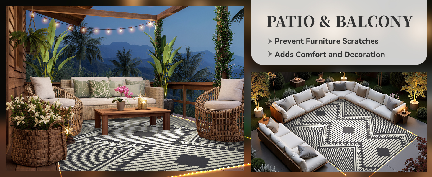 Outdoor Rug Waterproof Outdoor Patio Rug with String Lights