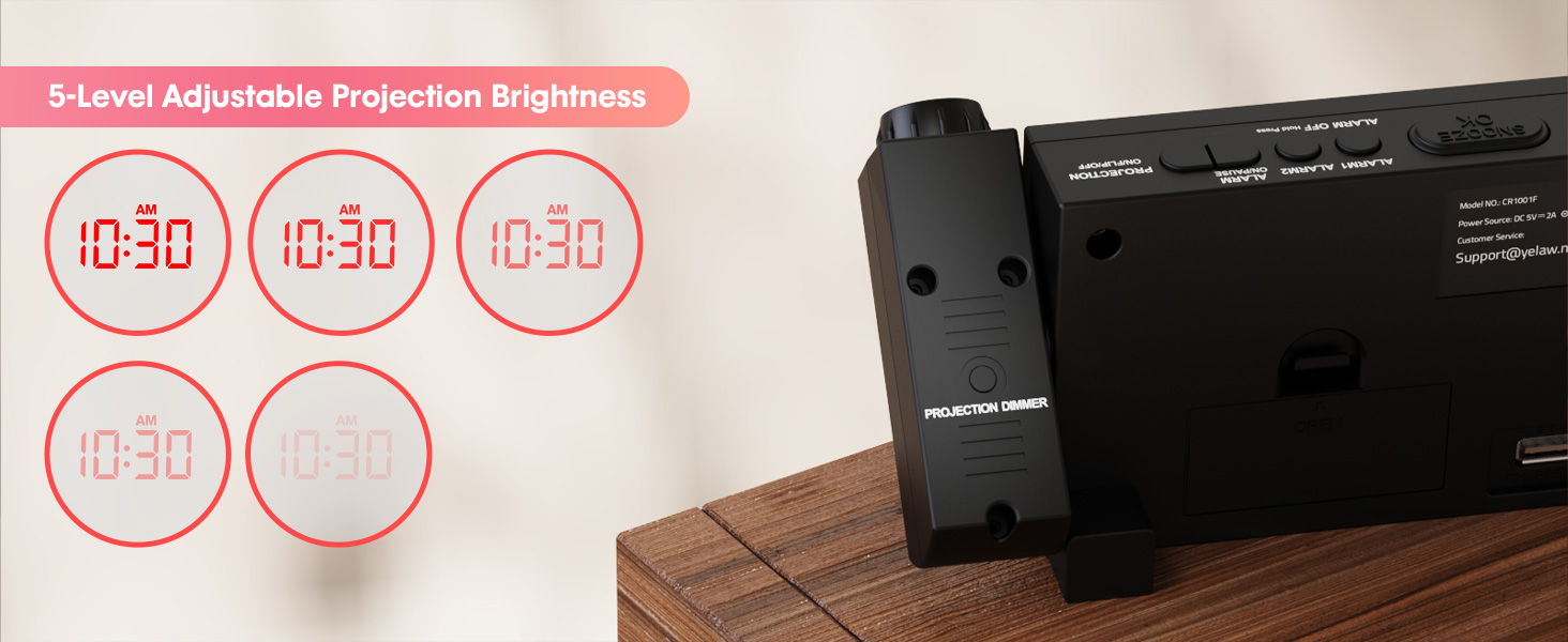 Projection Alarm Clock for Bedrooms with USB Charger, Digital