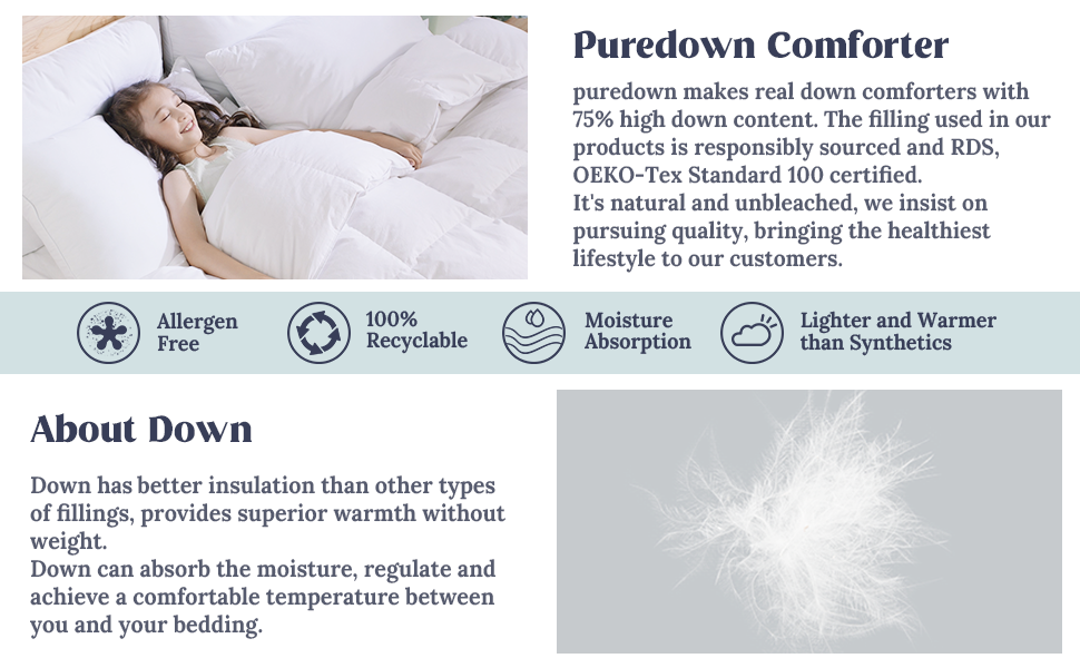 puredown Lightweight Down Comforter King Size Duvet Insert, 75 Down Filling, Ultra
