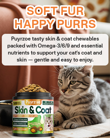 Text reads: 'SOFTFUR HAPPYPURRS' and 'Purrzoe tasty skin & coat chewables packed with Omega-3/6/9 and essential nutrients to support your cat's coat and skin - gentle and easy to enjoy.' Product image shows cat food supplement container.