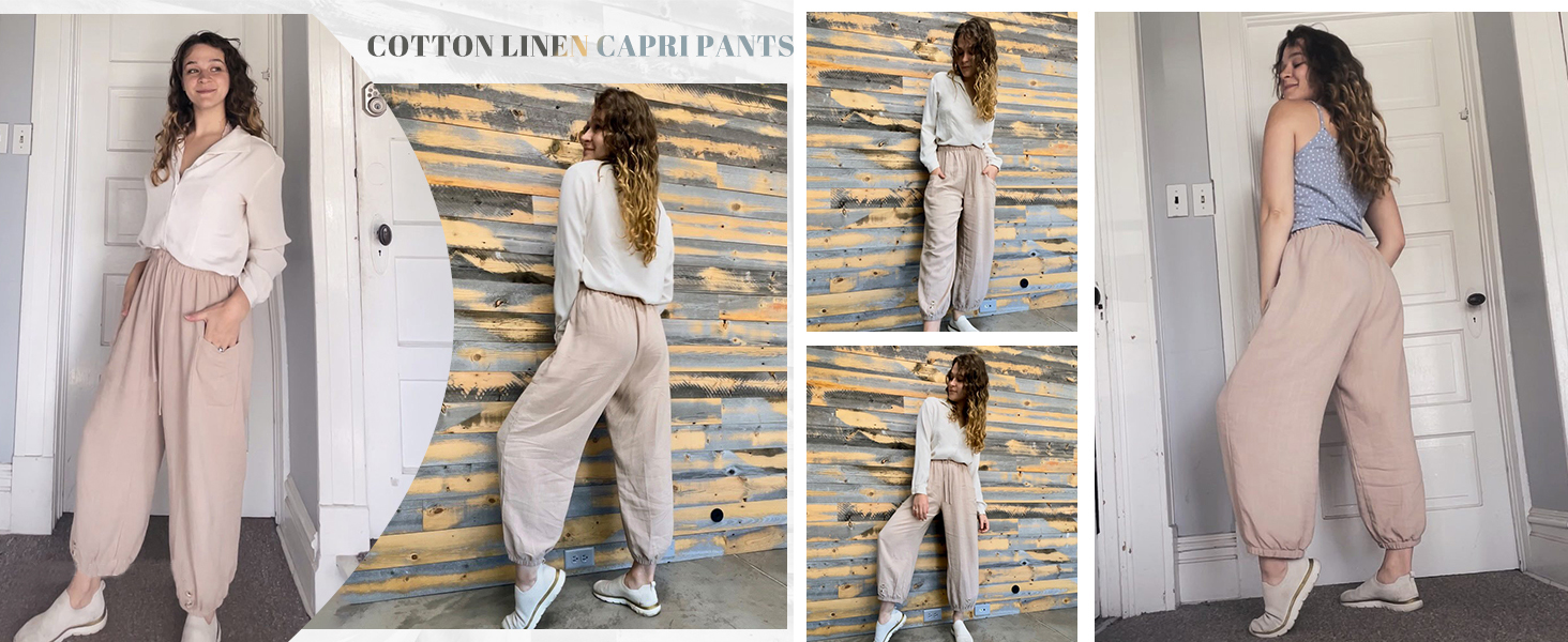 ASKSA Womens 7/8 Length Trousers Wide Leg Pants Summer Loose with Pockets