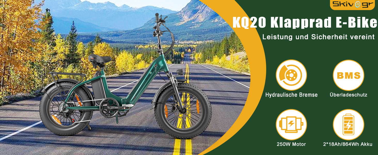 Grünes Elektrofahrrad auf der Bergstraße. Zu den Merkmalen gehören hydraulische Bremsen, BMS, 350-W-Motor und 21,6 Ah/48 V-Batterie. Das E-Bike Modell K020 Klapprad legt Wert