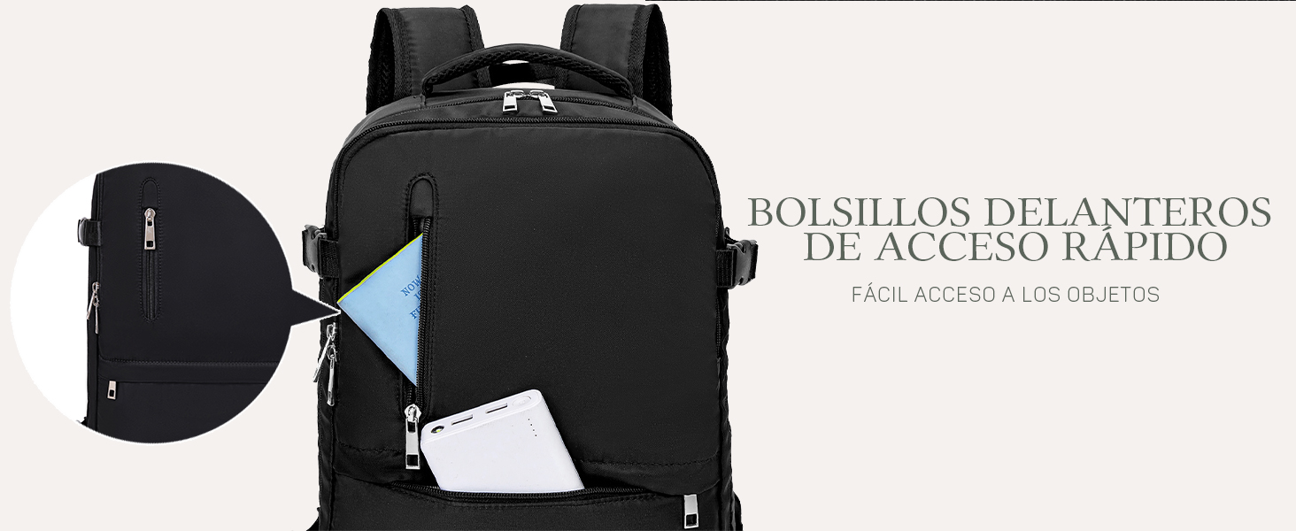 con múltiples compartimentos y bolsillos frontales de acceso rápido. El primer plano muestra las ranuras interiores para guardar accesorios
