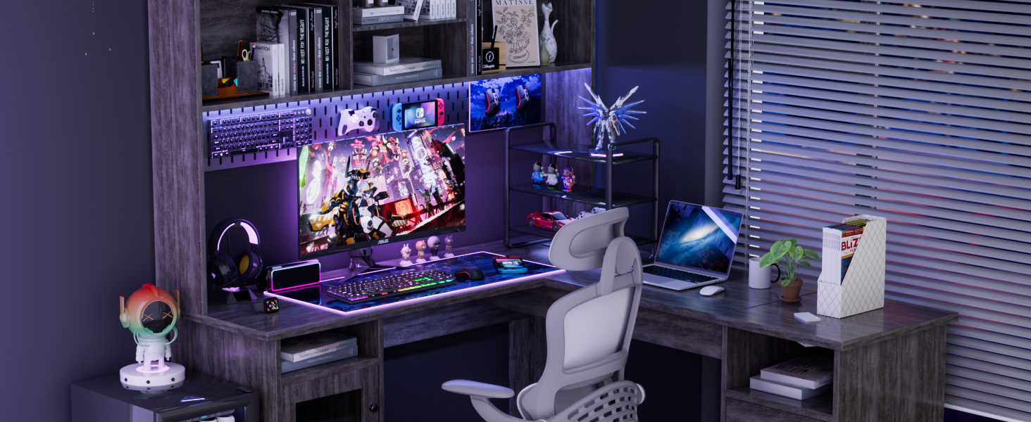 LUMIINOFAMI l Shaped Desk with Hutch, 67'' Lift Top Corner