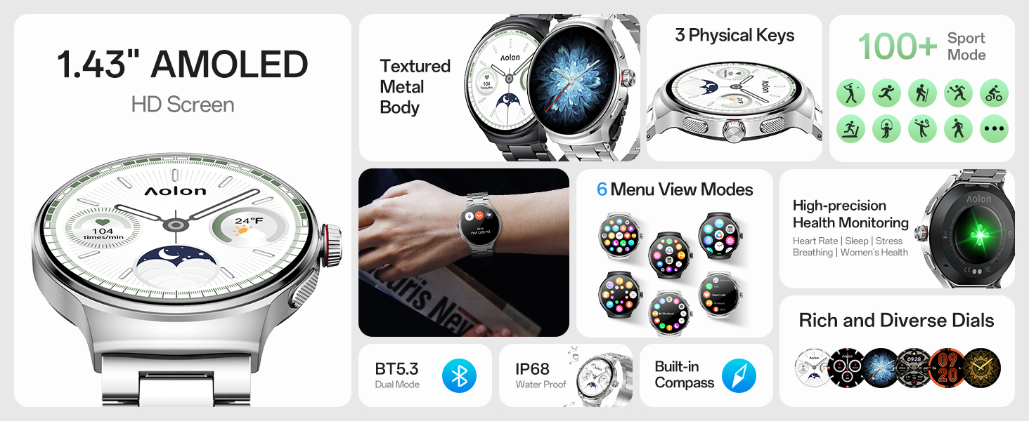1.43" AMOLED Stainless Steel Business Smart Watches for Men