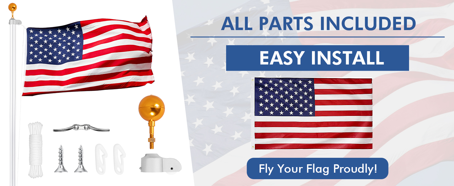 BMFTRRI Flagpole Hardware Kit50 Ft Halyard Rope +3" Gold