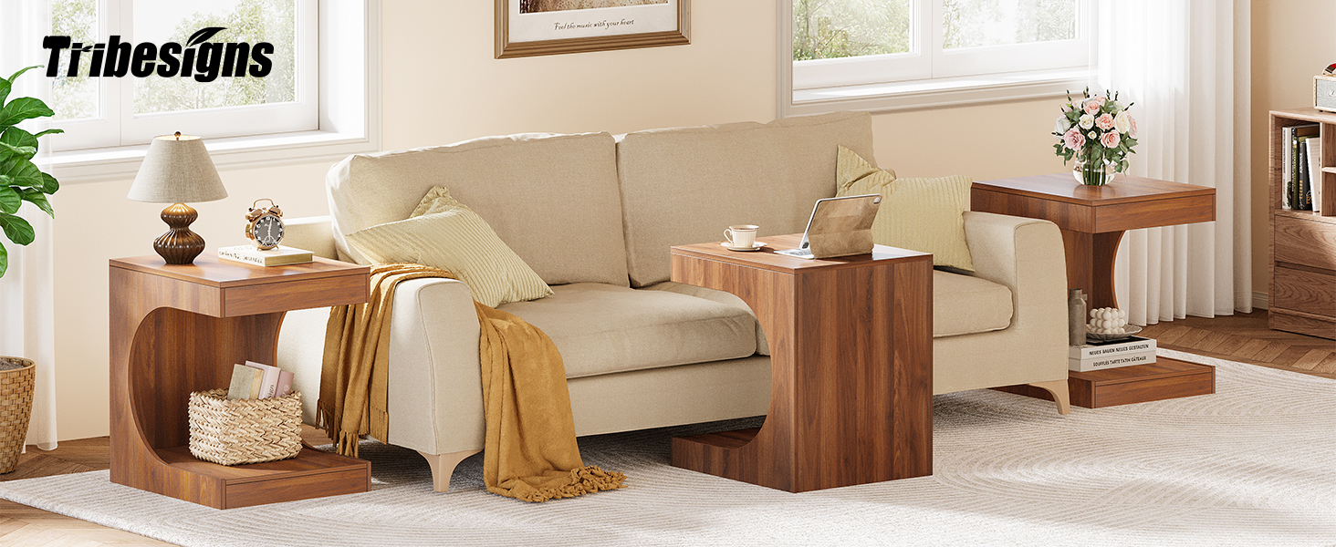 Tribesigns CShaped End Table for Couch, Wooden 2Tier Side