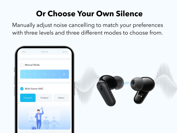 Smartphone screen showing noise cancelling settings next to wireless earbuds. Text offers manual adjustment of noise cancelling levels.