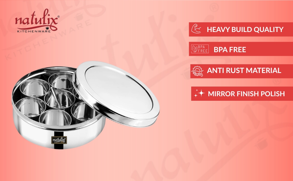 "Premium NATULIX stainless steel masala dabba, mirror finish, rust-free & durable"