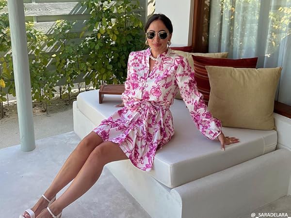 Chicwish、花柄ドレス CHICWISH Women Floral Print Long Lantern Sleeves Mini Dress