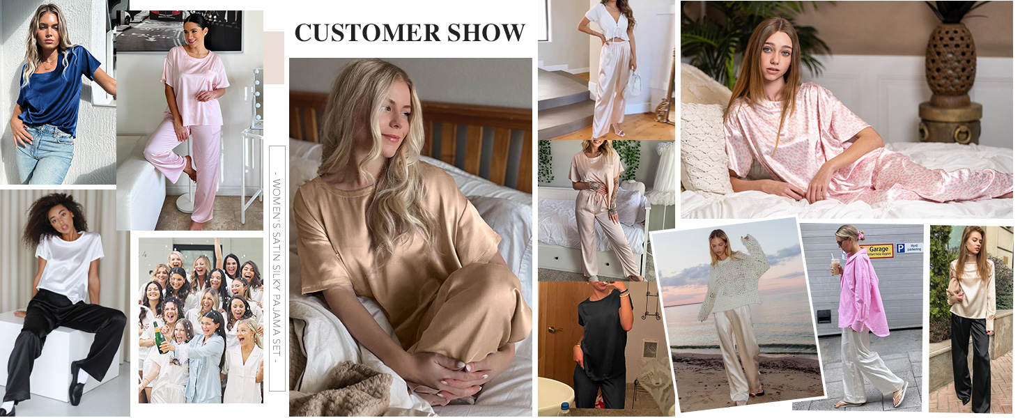 Ekouaer Womens Satin Silky Pajama Set Short Sleeve Shirt with Long Pajama Pant Set Soft PJ Loungewear, S-XXL 16