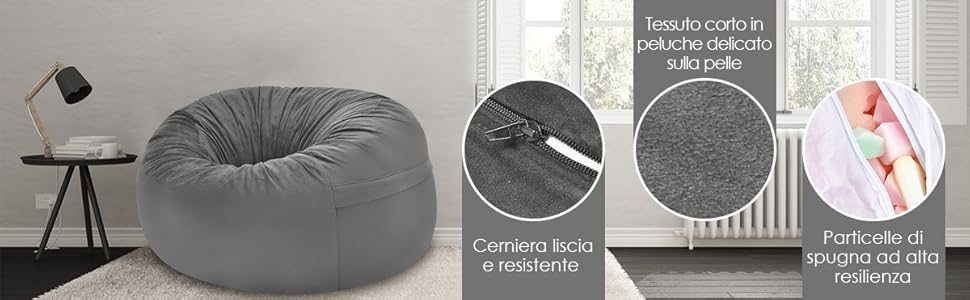 RELAX4LIFE Poltrona Sacco, Pouf, Sedile Singolo, Rivestimento Interno E Fodera In Velluto, Imbottitura In Spugna, Per Soggiorno, Camera Da Letto, Ufficio, Grigio, Peso Massimo 150 Kg, 91x91x61 Cm 15 1