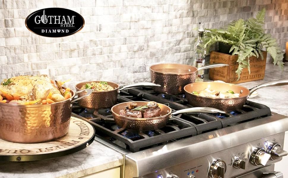 Gotham Steel 9.5" Hammered Pan with Tempered Glass Lid and Cool Touch Handles, Ultra