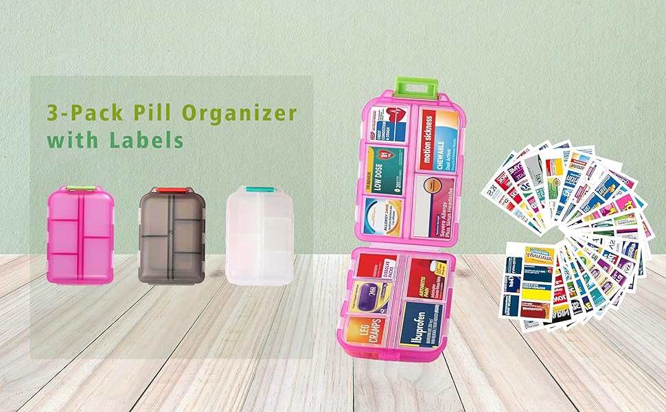 3 - Pack Pill Organizer with Labels, colorful & portable