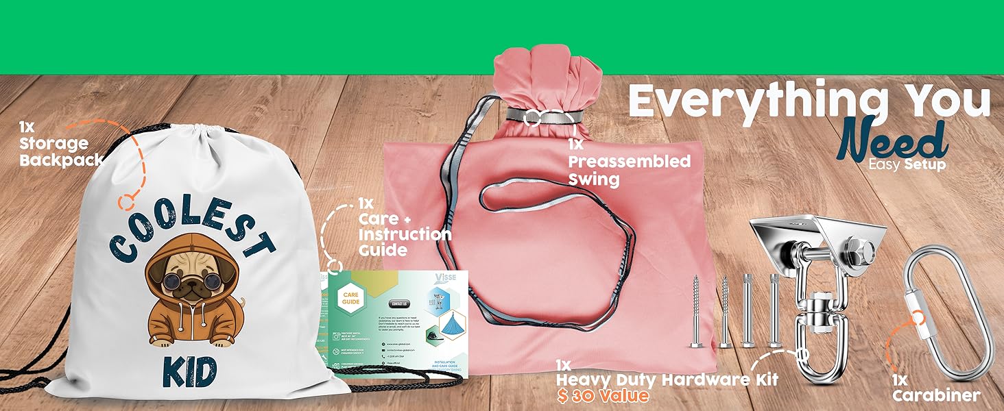 Columpio sensorial with accessories: backpack, guide, heavy-duty hardware, and carabiner easy setup