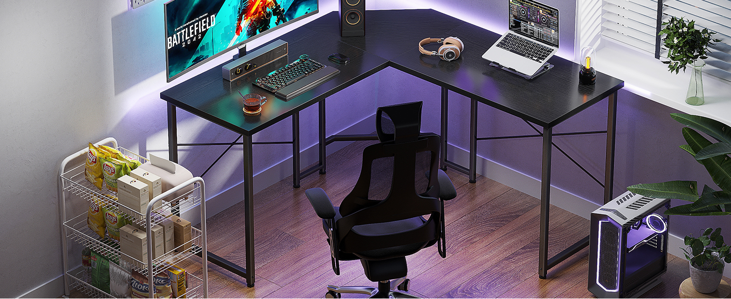 L-shaped gaming desk with premium desktop, sturdy frame and adjustable foot pads