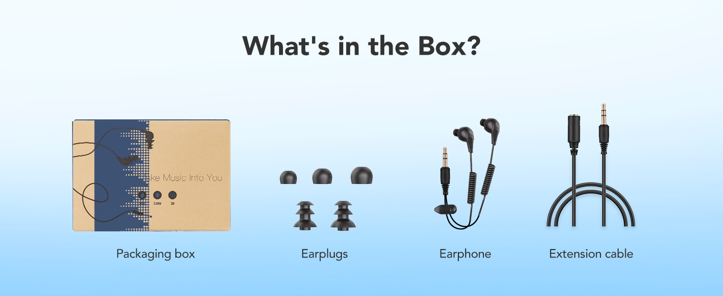 Text reads: 'What's in the Box?' Product contents layout showing earbuds, charging cable, and various accessories against white background.