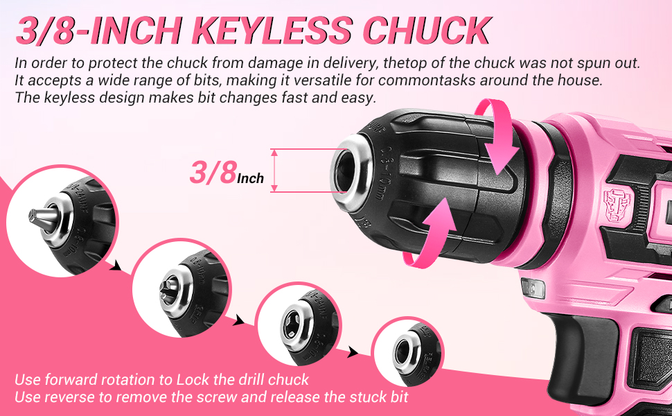 Pink power drill with 3/8-inch keyless chuck mechanism, showing multiple chuck positions and locking instructions.