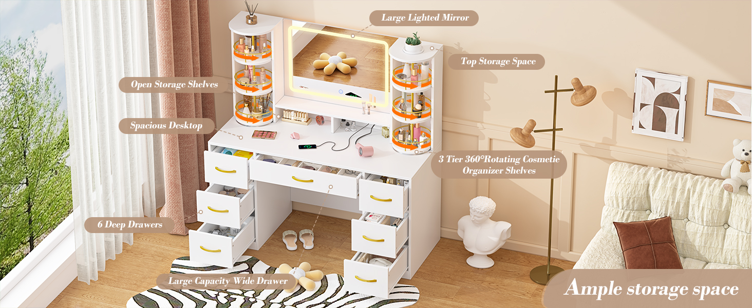 large capacity storage vanity desk with vanity with 6 drawers and wide desktop